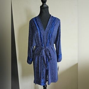 5 For $25✨️New + Tag Wrap Dress Navy Blue Polkadot Lace Robe Womens Size Medium